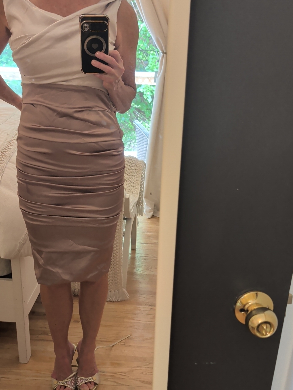 le chateau Two-Tone Satin Ruched Midi Dress in Blush and Taupe
